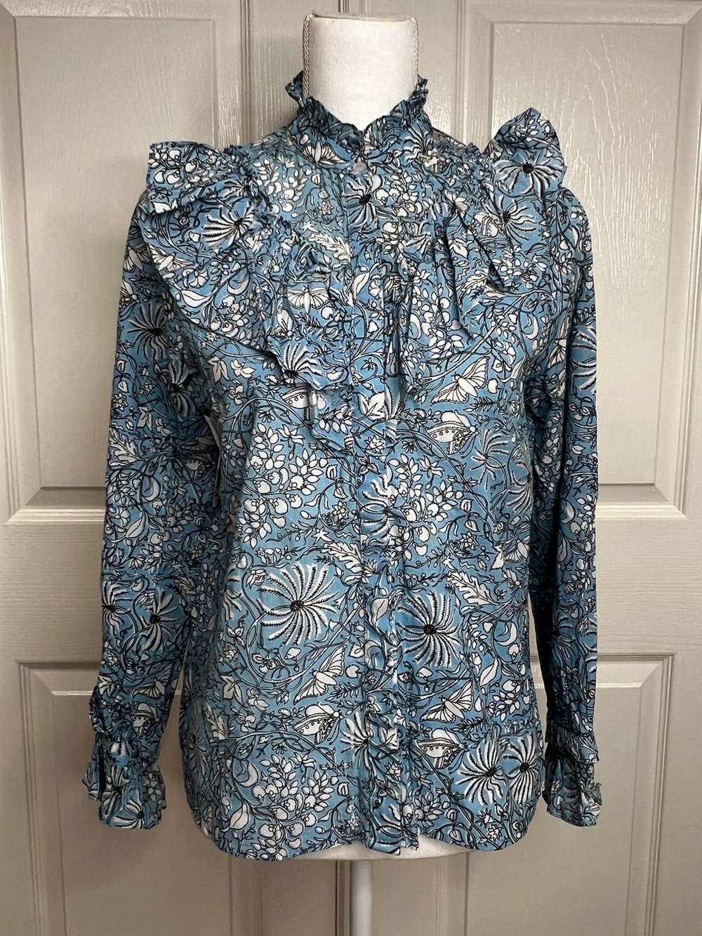 Ro's Garden Hand-block Floral Printed Ruffle Blouse Size S Blue Long Sleeve